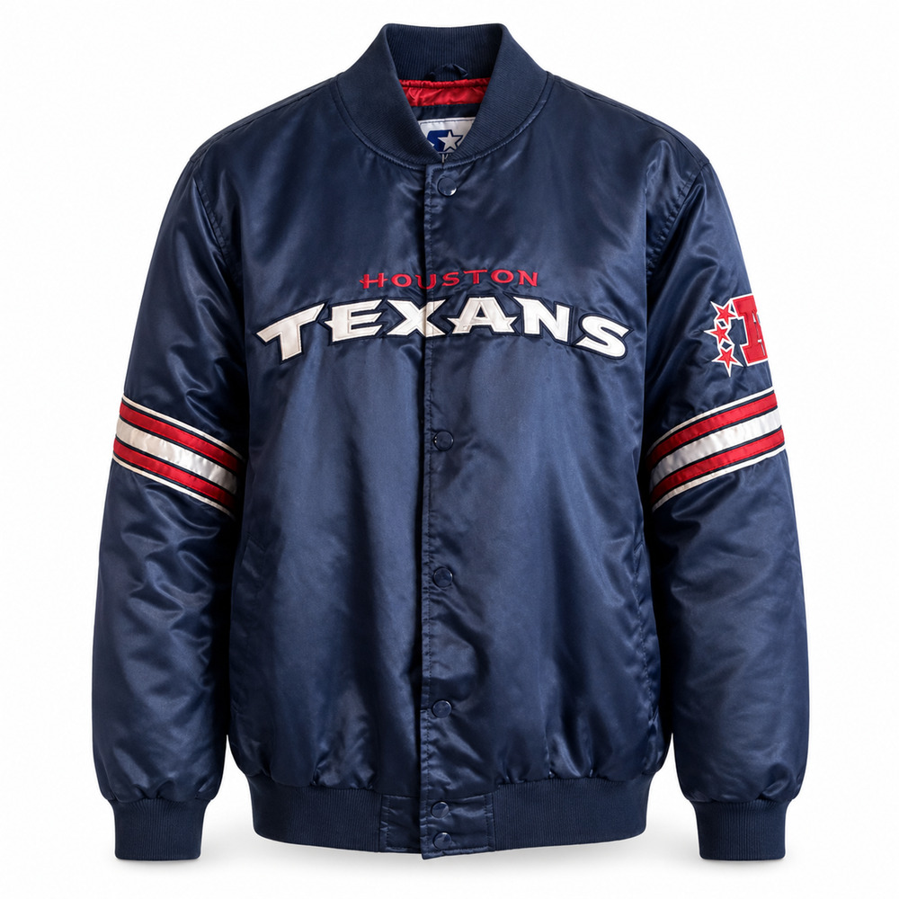 Starter Houston Texans Satin Varsity Bomber Jacket XXL Navy Red Quilted Lining